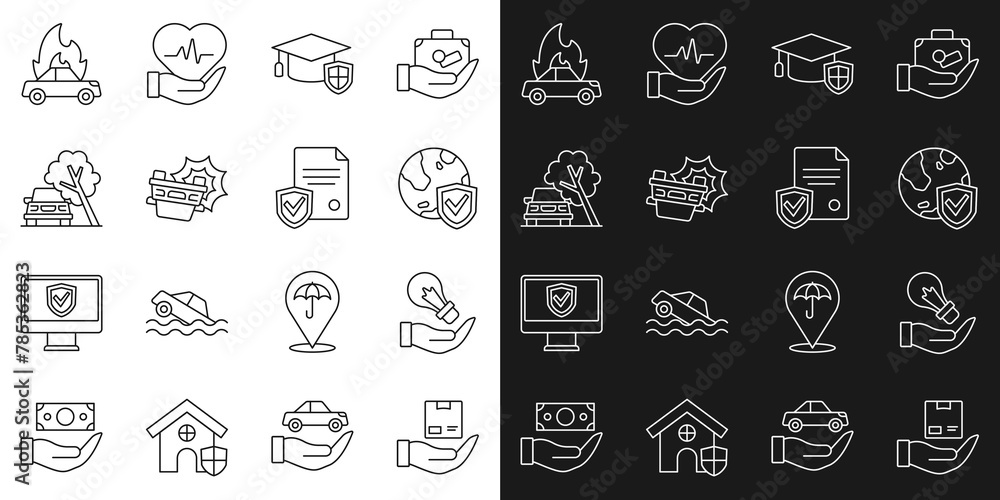 Set line Delivery insurance, Light bulb hand, Shield with world globe, Graduation cap shield, Car accident, damaged by fallen tree, Burning car and Contract icon. Vector