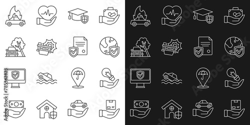 Set line Delivery insurance, Light bulb hand, Shield with world globe, Graduation cap shield, Car accident, damaged by fallen tree, Burning car and Contract icon. Vector