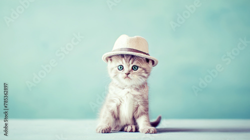 Adorable Kitten Sporting Elegant Hat on Blue Background