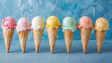 Set of various delicious ice cream, cones with different topping.