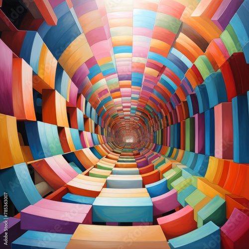 Colorful geometric 3D tunnel painting  representing the concept of virtual reality  digital space  and futuristic art