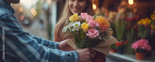 Woman receiving a bouquet of flowers from gentleman photo