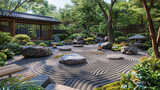 Zen garden with stones pebbles and a japanese style house, sitting area, neatly brushed sand lantern