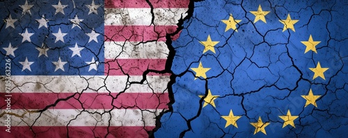 Cracked surface with USA and EU flags
