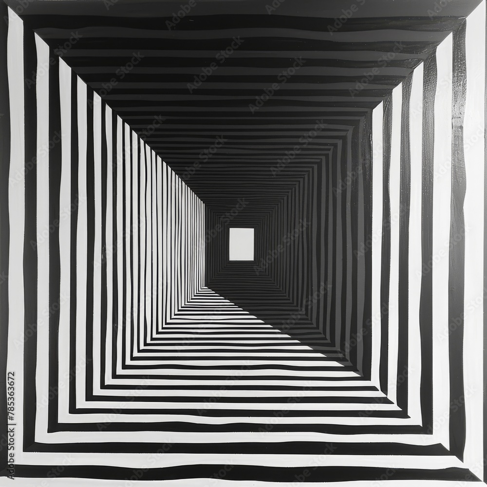 Abstract illusion of a three-dimensional black and white corridor, illustrating concepts of perspective and spatial depth Abstract illusion of a three-dimensional black and white corridor, illustrating concepts of perspective and spatial depth