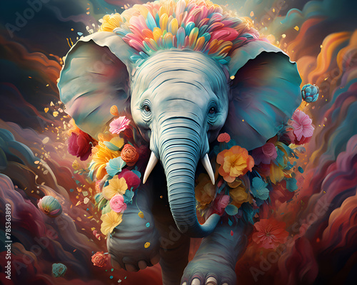 Elephant with colorful flowers in his hair. 3D illustration.