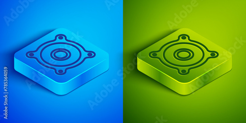Isometric line Stereo speaker icon isolated on blue and green background. Sound system speakers. Music icon. Musical column speaker bass equipment. Square button. Vector