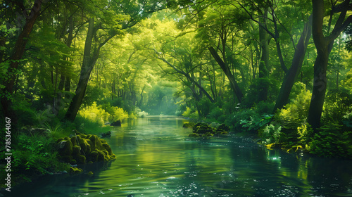 Fantasy green forest with beautiful river. seamless lo © Anas