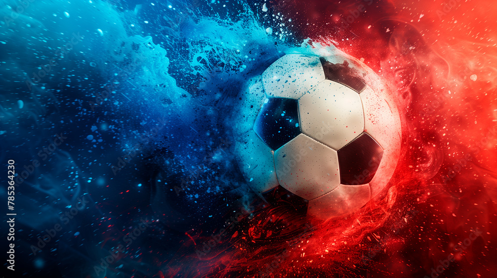 Fototapeta premium Soccer wallpaper with a ball in front of a blue and red wall
