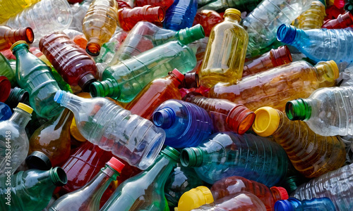 Heap of used empty multicolor plastic bottles, close-up background, separate waste collection, environmental pollution, generative ai