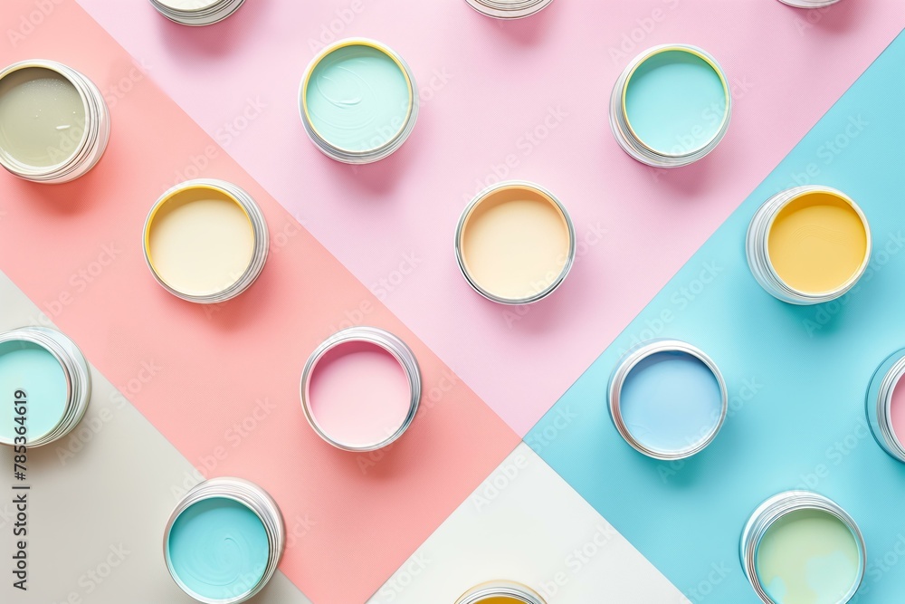 open cans of paint in pastel colors on a color block background, flat lay