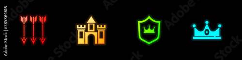 Set Crossed arrows, Castle, fortress, Shield with crown and King icon. Vector