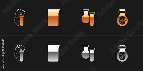 Set Chemical explosion, Laboratory glassware or beaker, Test tube and flask and Poison in bottle icon. Vector