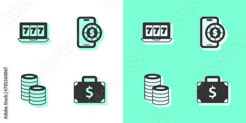 Set Briefcase and money, Online slot machine with jackpot, Casino chips and poker table game icon. Vector