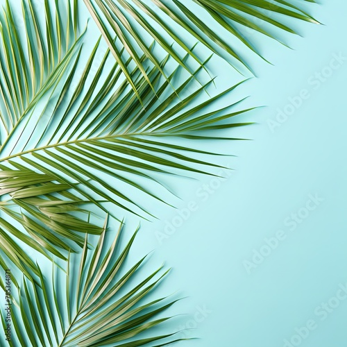 Palm leaf on a cyan background with copy space for text or design. A flat lay  top view. A summer vacation concept