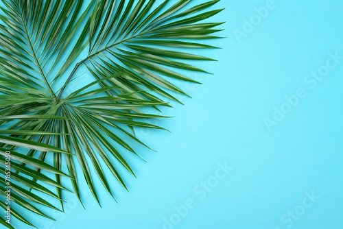 Palm leaf on a cyan background with copy space for text or design. A flat lay, top view. A summer vacation concept