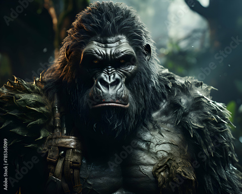 Portrait of a gorilla in the jungle. Fantasy and fantasy.