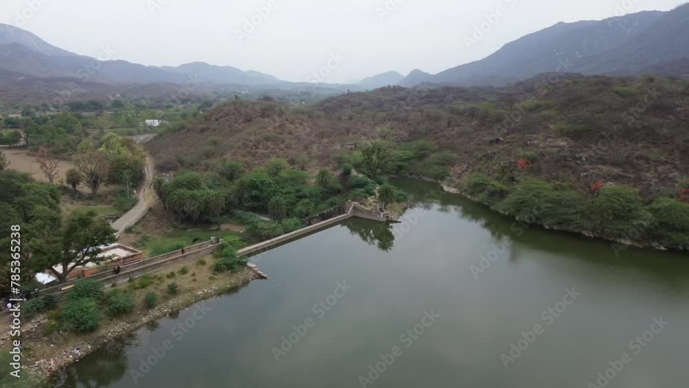 Drone shot of a lake with dam