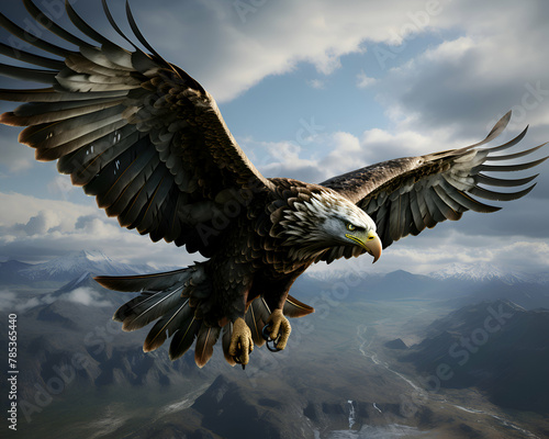 3D rendering of a Bald Eagle flying in the sky with mountains in the background © Wazir Design