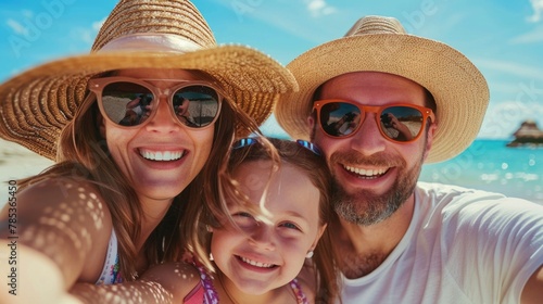 Portrait of young happy family in sunglasses taking selfie on beach.