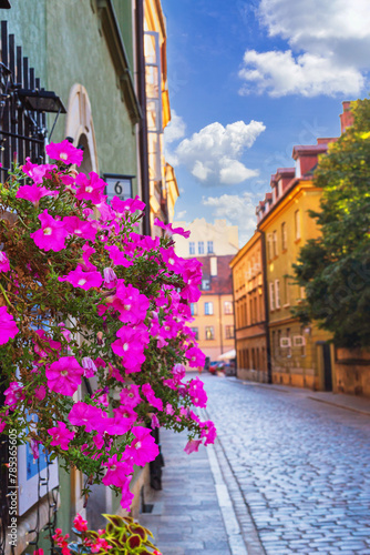 Summer cityscape - view of flowers on narrow streets with old houses in the Old Town of Warsaw, Poland