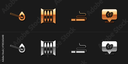 Set Burning match with fire, Cigar, Cigarette and Tobacco leaf icon. Vector