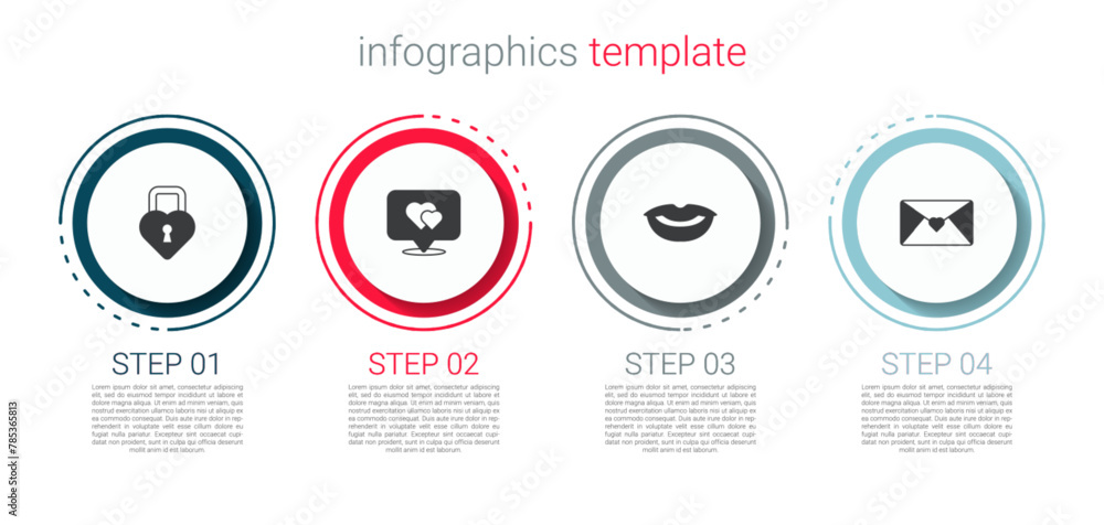 Set Castle in the shape of heart, Location with, Smiling lips and Envelope Valentine. Business infographic template. Vector Set Castle in the shape of heart, Location with, Smiling lips and Envelope Valentine. Business infographic template. Vector