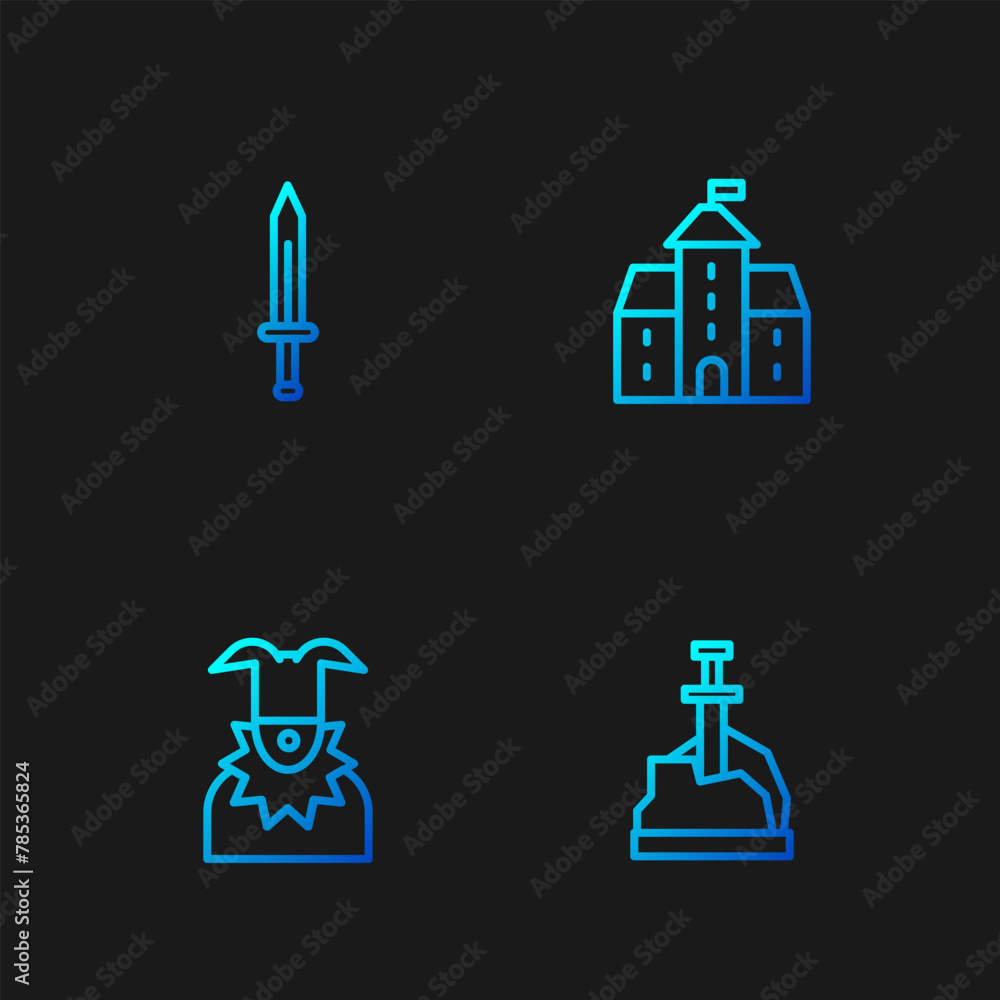 Set line Sword in the stone, Joker head, Medieval sword and Castle, fortress. Gradient color icons. Vector