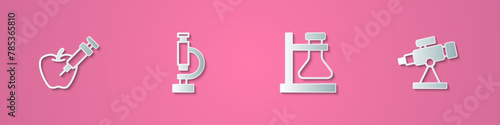 Set paper cut Genetically modified apple, Microscope, Test tube flask on stand and Telescope icon. Paper art style. Vector
