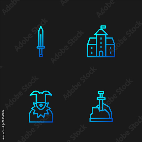 Set line Sword in the stone, Joker head, Medieval sword and Castle, fortress. Gradient color icons. Vector