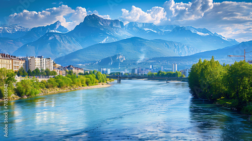 Isere river in Grenoble city skyline Auvergne-Rhone