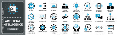 Artificial intelligence icon set. Set of Artificial intelligence, Ai technology, global ai, algorithm ai flat icons EPS10- Stock Vector 