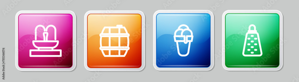 Set line Fountain, Barrel for wine, Ice cream and Grater. Colorful square button. Vector Set line Fountain, Barrel for wine, Ice cream and Grater. Colorful square button. Vector