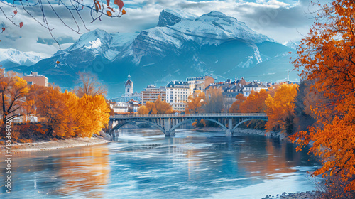 Isere river in Grenoble city skyline Auvergne-Rhone