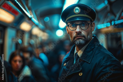 Metro Train Conductor in a Crowded Train, Emanating Authority Amidst Chaos, Highlighted by Studio Lighting. photo