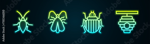 Set line Cockroach, Clothes moth, Colorado beetle and Hive for bees. Glowing neon icon. Vector