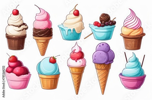 Ice cream set isolated on a white background. Summer colorful background. Tasty cute appetizing food collection.