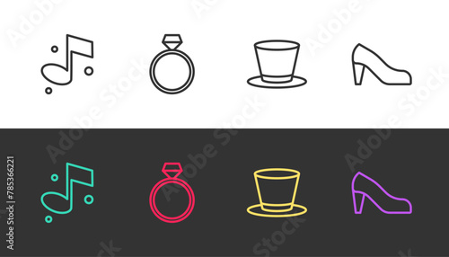 Set line Music note, Diamond engagement ring, Cylinder hat and Woman shoe on black and white. Vector