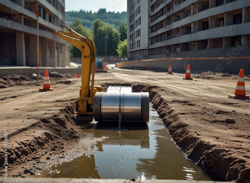 Construction site with new metal hydraulic system of drinking water to be carried out under the road surface level and imaginary city map
 photo