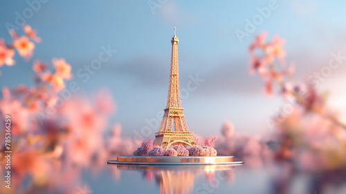 Olympic color  background podium Eiffel tower scene , Winner background with golden, silver and bronze laurel wreaths with ribbons and first, second and third place signs on round pedestal.  photo
