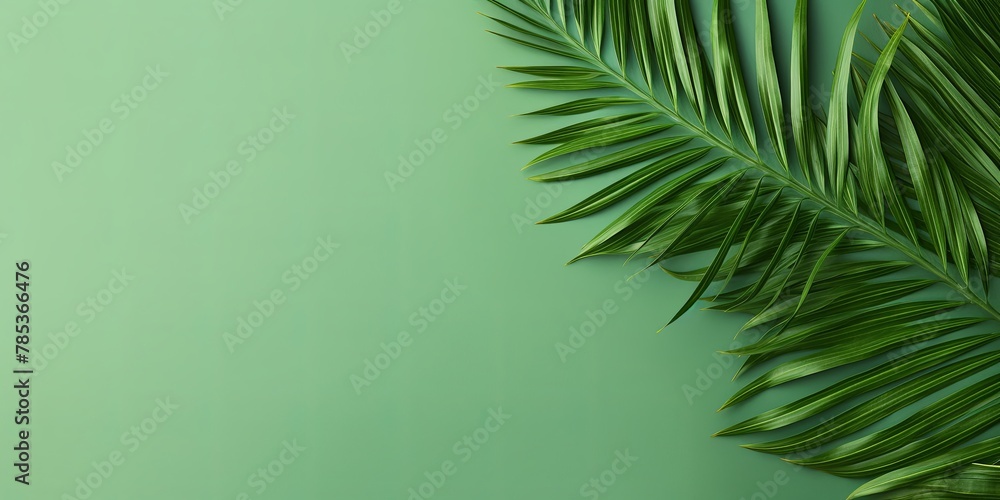 Palm leaf on a green background with copy space for text or design. A flat lay, top view. A summer vacation concept 