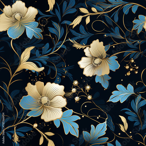 Seamless floral pattern. Realistic golden flowers. On a blue background.
