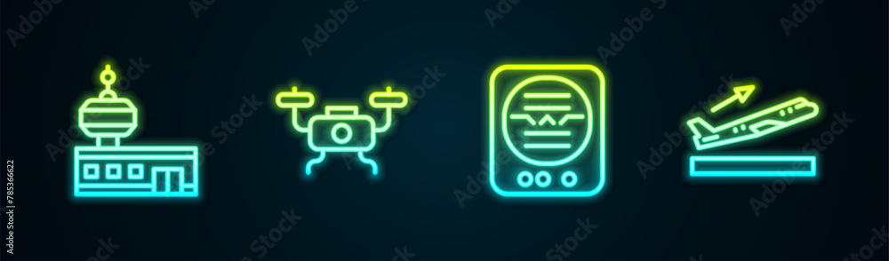 Set line Airport control tower, Drone flying, Attitude indicator and Plane takeoff. Glowing neon icon. Vector Set line Airport control tower, Drone flying, Attitude indicator and Plane takeoff. Glowing neon icon. Vector