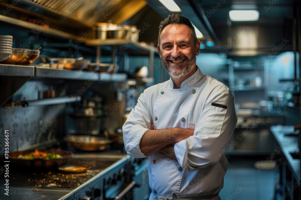 Portrait of middle-aged handsome positive chef cook at the restaurant kitchen. Portrait of middle-aged handsome positive chef cook at the restaurant kitchen.