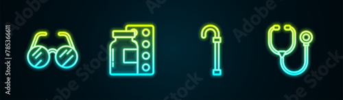 Set line Eyeglasses, Pills in blister pack, Walking stick cane and Stethoscope. Glowing neon icon. Vector