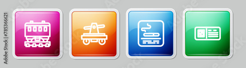 Set line Passenger train cars, Draisine or handcar, Smoking area and QR code ticket. Colorful square button. Vector