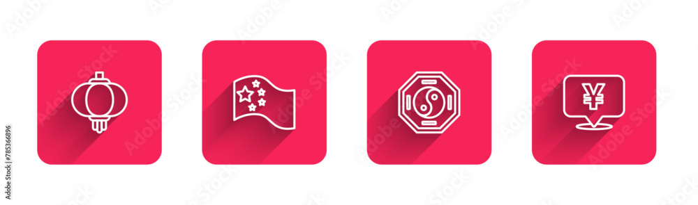Set line Chinese paper lantern, China flag, Yin Yang and Yuan currency with long shadow. Red square button. Vector Set line Chinese paper lantern, China flag, Yin Yang and Yuan currency with long shadow. Red square button. Vector