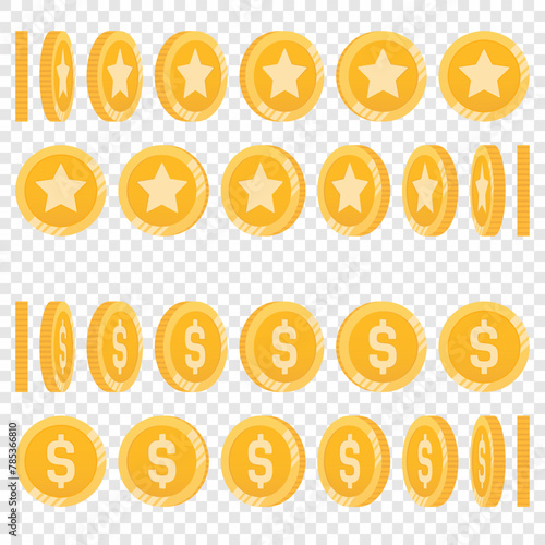 Gold coin set at different rotation angles for animation. Cartoon vector icons of spinning coins with a star or dollar sign. Isometric set of prizes or bonus points. Money flip and rotate animation.