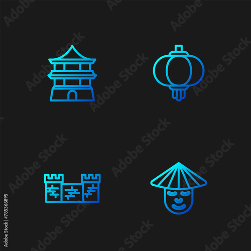 Set line Chinese man, Great wall of China, house and paper lantern. Gradient color icons. Vector