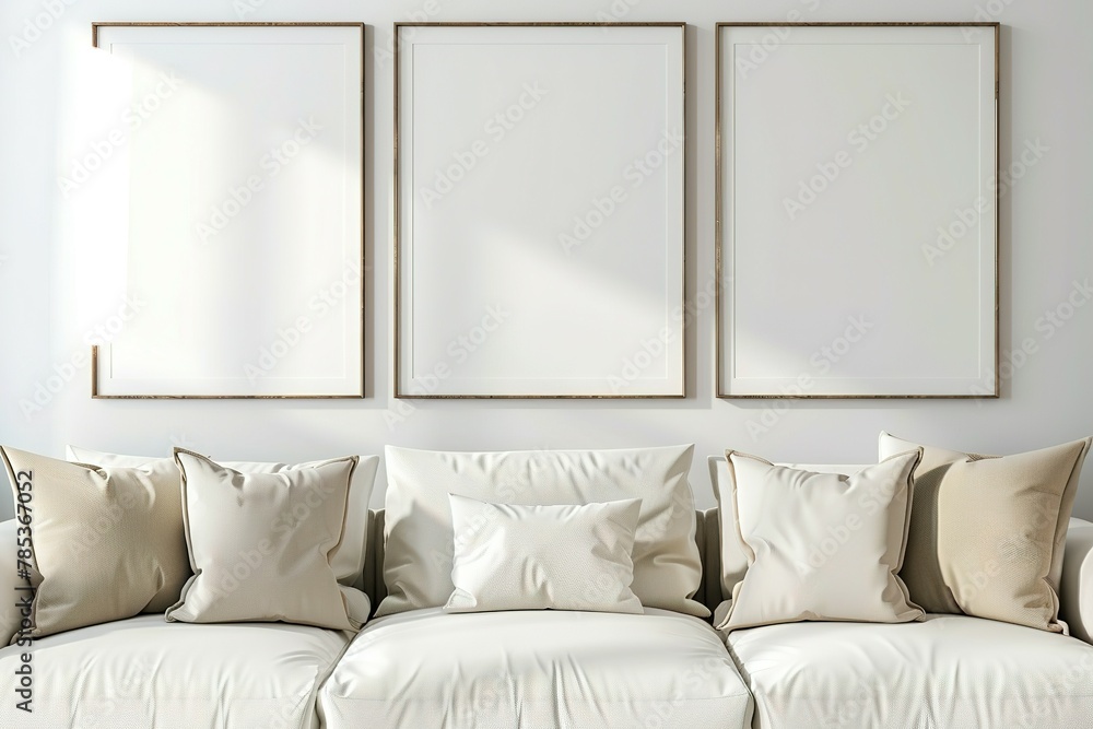 Frame Mockup Wall. Mockup frame in farmhouse living room interior. Interior mockup with rectangular vertical frame hanging on a white textured wall mockup house background. Frame Mockup Wall. Mockup frame in farmhouse living room interior. Interior mockup with rectangular vertical frame hanging on a white textured wall mockup house background.